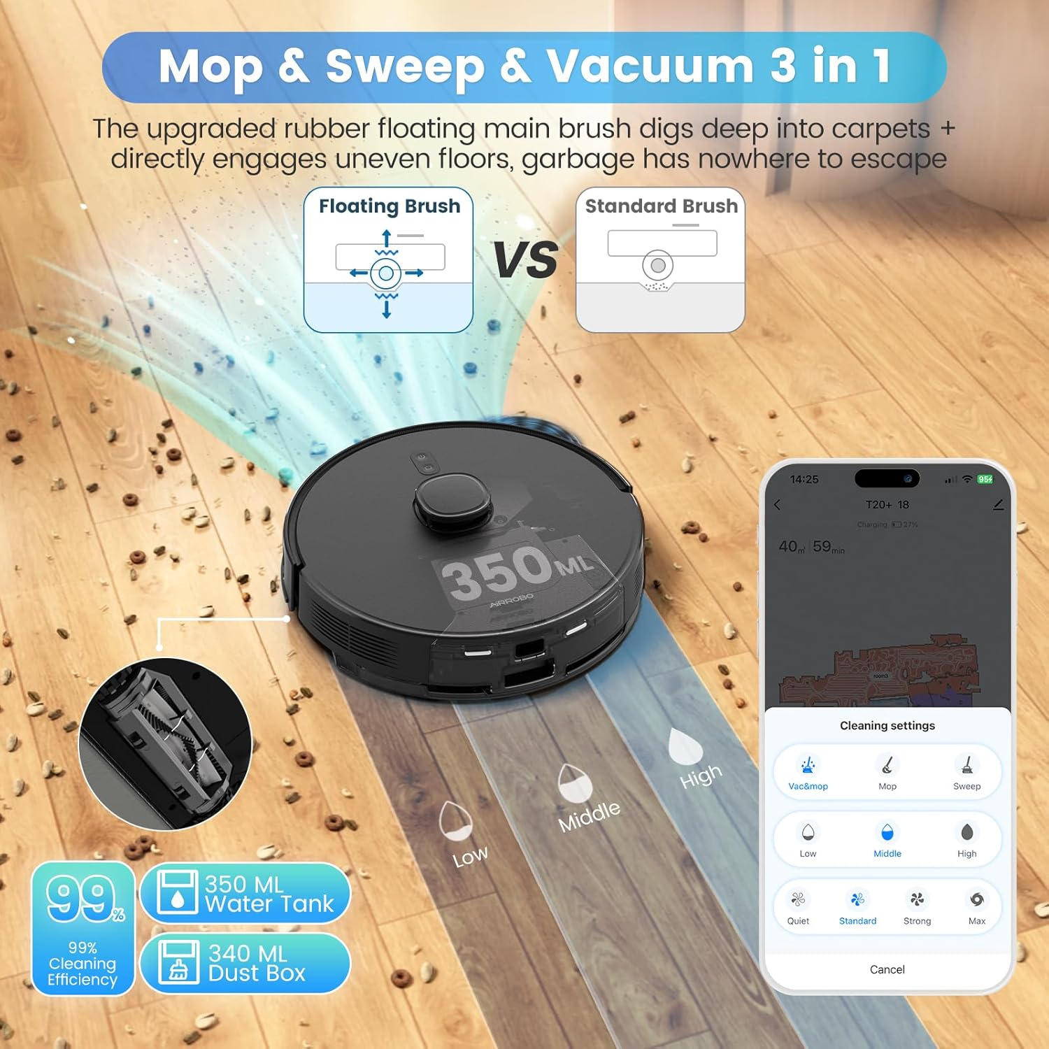 AIRROBO Robot Vacuum and Mop Combo, Self-Emptying, 60-Day Capacity, Home Mapping, Schedule, Wi-Fi/App/Alexa/Remote, 180mins Runtime, T20+ Robotic Vacuum Cleaner for Pet, Hard Floors, Carpet - Image 6