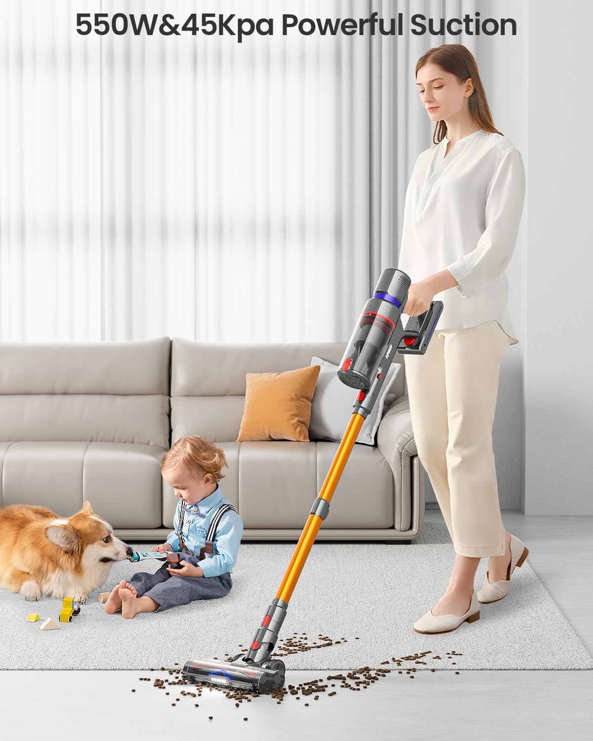 Cordless Vacuum Cleaner, 45Kpa 550W 65Mins Vacuum Cleaners for Home, Stick Vacuum with LED Touch Screen, Anti-tangle Wireless Vacuum, Rechargeable Cordless Vacuum for Pet Hair, Carpet, Hardwood Floor - Image 3