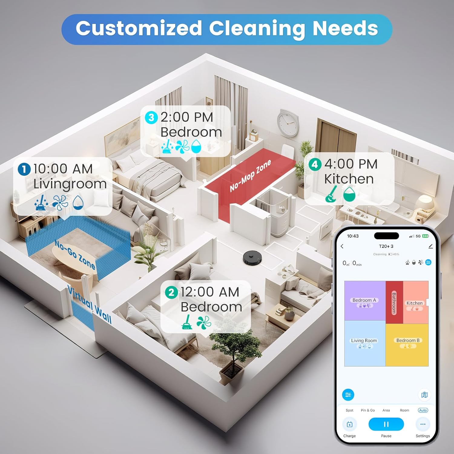 AIRROBO Robot Vacuum and Mop Combo, Self-Emptying, 60-Day Capacity, Home Mapping, Schedule, Wi-Fi/App/Alexa/Remote, 180mins Runtime, T20+ Robotic Vacuum Cleaner for Pet, Hard Floors, Carpet - Image 4