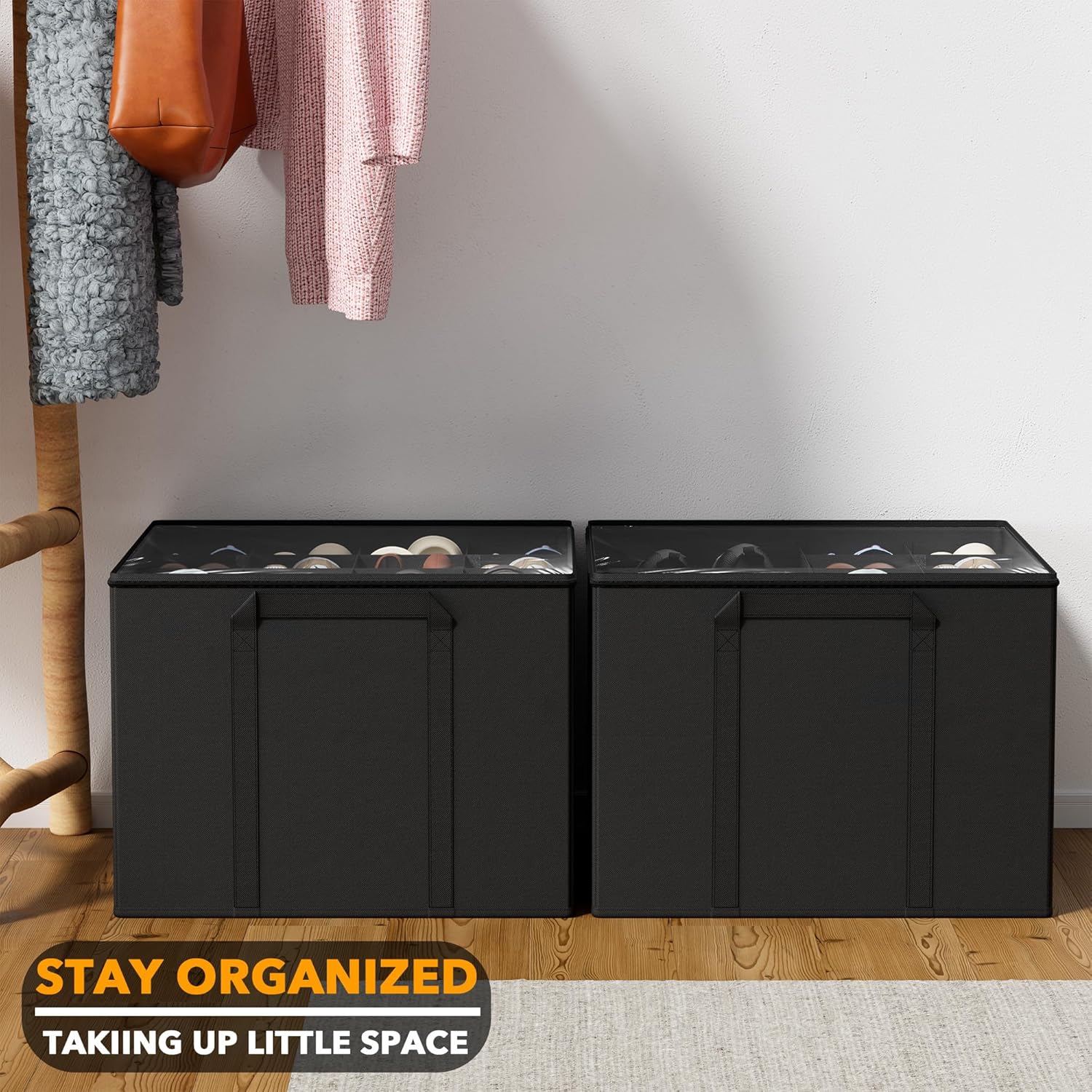 SpaceAid Shoe Organizer for Closet, 2 Pack Foldable Shoe Storage Containers Baskets Boxes Bins w/Adjustable Dividers, Fits 16-32 Pairs, Black - Image 7