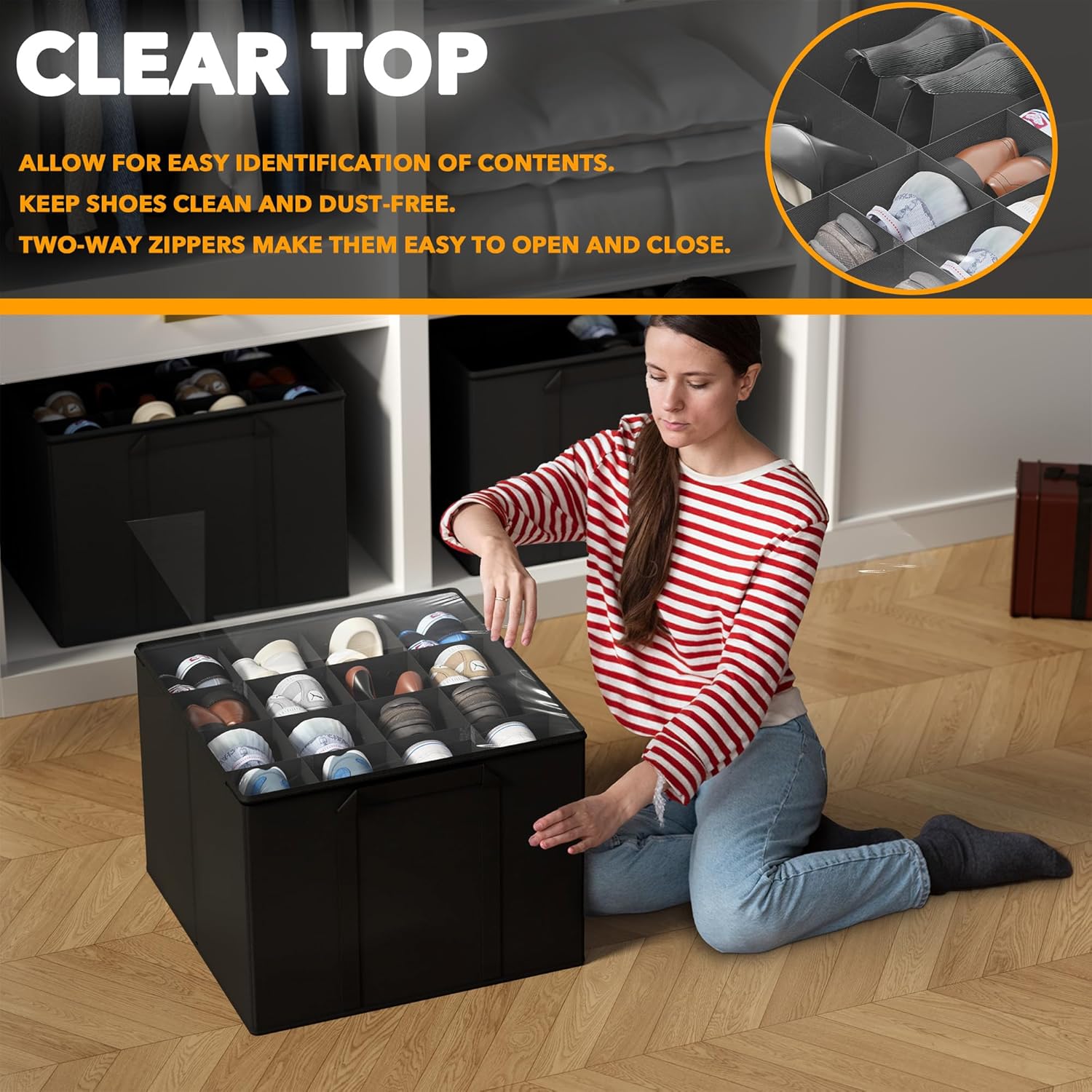 SpaceAid Shoe Organizer for Closet, 2 Pack Foldable Shoe Storage Containers Baskets Boxes Bins w/Adjustable Dividers, Fits 16-32 Pairs, Black - Image 5