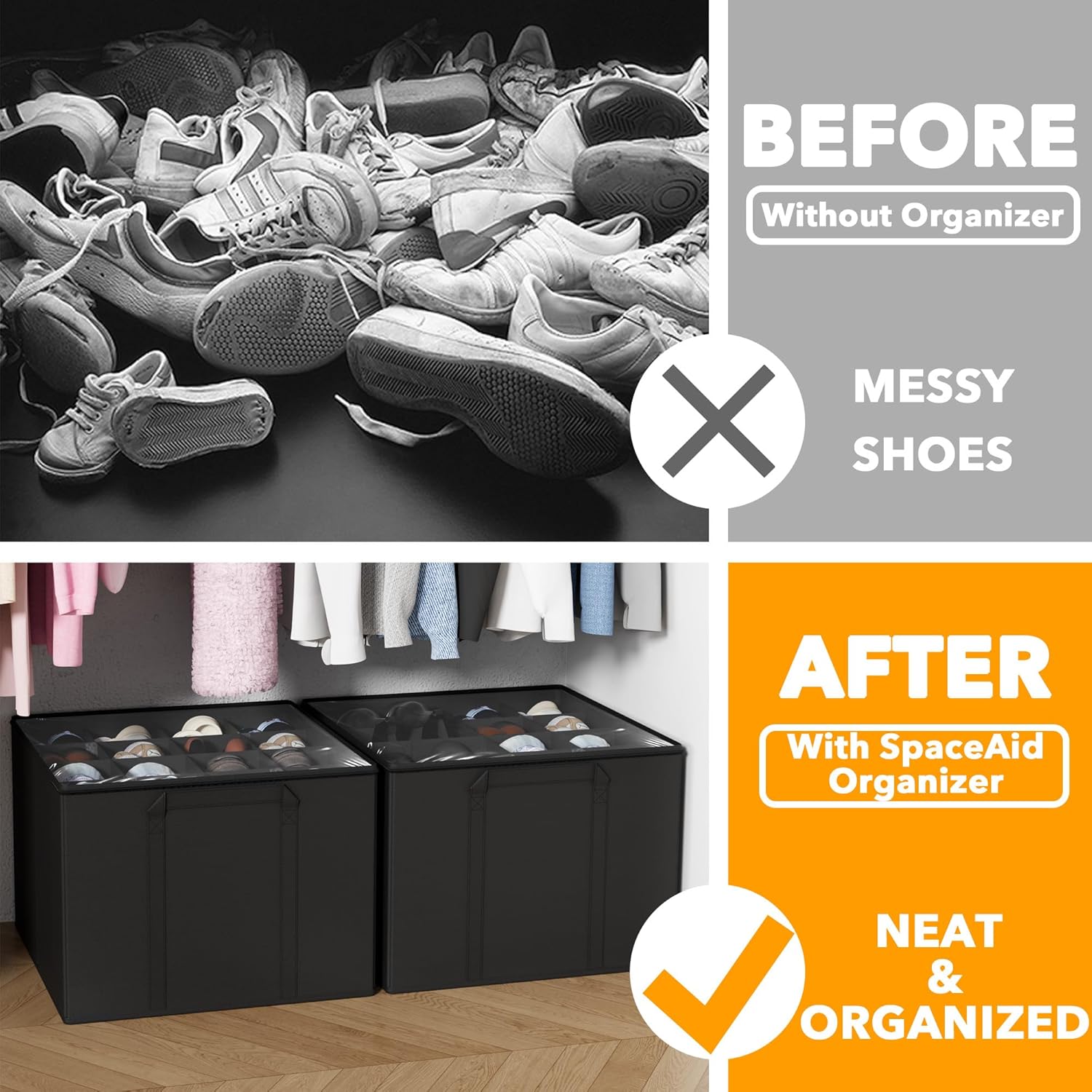 SpaceAid Shoe Organizer for Closet, 2 Pack Foldable Shoe Storage Containers Baskets Boxes Bins w/Adjustable Dividers, Fits 16-32 Pairs, Black - Image 3